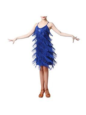 ODASDO Latin Dance Dress Sequin Tassel Spaghetti Strap Salsa Tango Costume